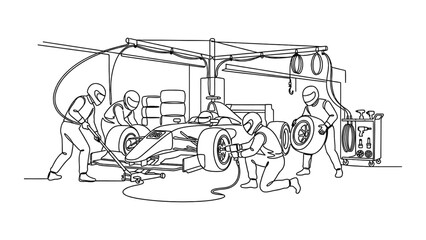 Naklejka premium Formula 1 Pit Stop - Race Car Maintenance Crew Changing Tires