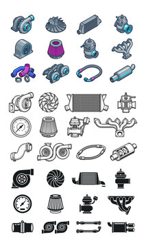 Set of turbocharger and performance car engine tuning parts icons in isometric line art and silhouette styles