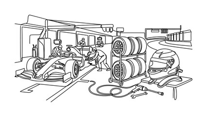 Naklejka premium Formula 1 Pit Stop Garage Scene with Racing Car, Mechanics, Tires, and Helmet