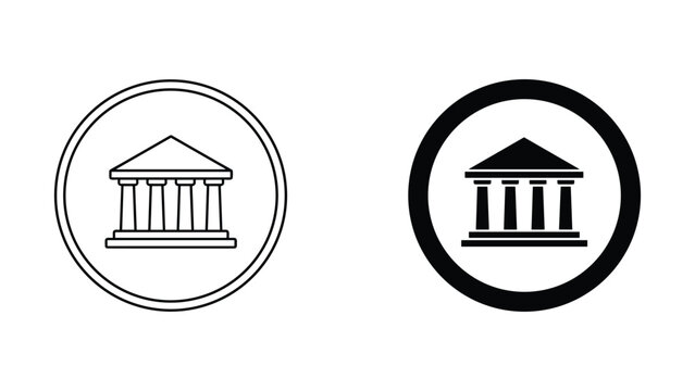Bank building icon in circular outline and filled style for financial and institutional interface