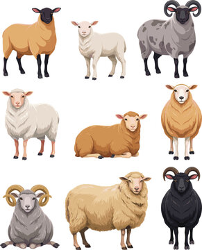 Sheep vector illustration set with various farm livestock breeds including fluffy white ewes black rams and cute little lambs for agriculture design.