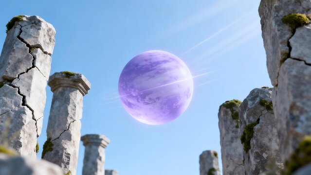 Ancient ruins with floating purple planet