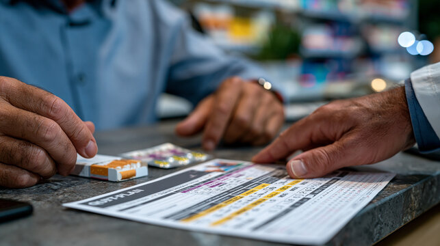 Hands close up trembling slightly as a middle-aged man sets down a cigarette pack next to a nicotine patch starter kit on a pharmacy consultation counter, pharmacist sliding a printed quit-plan cale