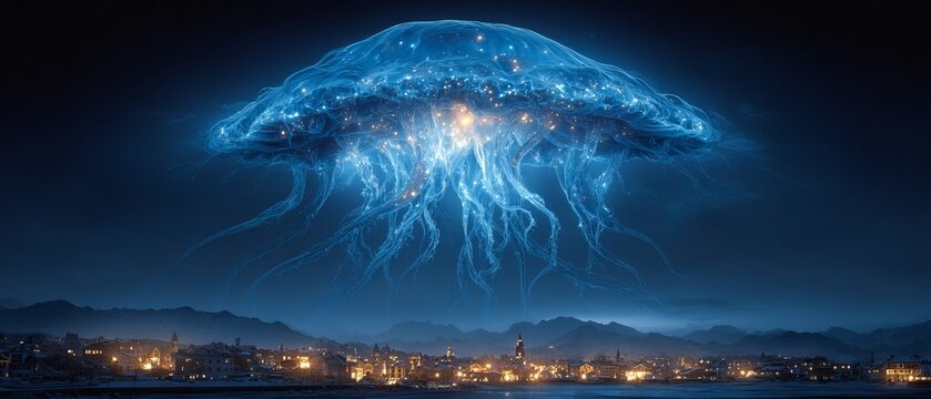 A giant, ethereal jellyfish glows brilliantly against a dark backdrop, casting its eerie light on a tranquil city below, evoking feelings of wonder and mystery in a dreamlike atmosphere.
