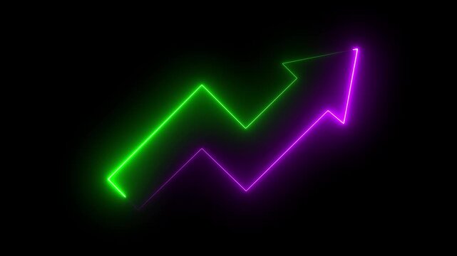 Abstract neon arrow business graph chart icon animation on black background. Business line arrow, improvement, business strategy, arrow rising up.growth trend graph going Up. on the.4k video.