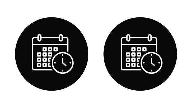 Calendar and clock icon in circular outline and solid style for scheduling and time management