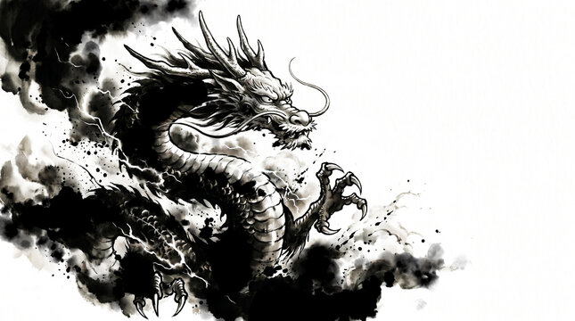 Powerful ink wash painting (Sumi-e) illustration of a dragon emerging from clouds, lucky symbol, white background with copy space