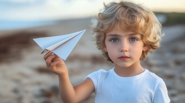 Child Holding Paper Airplane Outdoors at Sunset