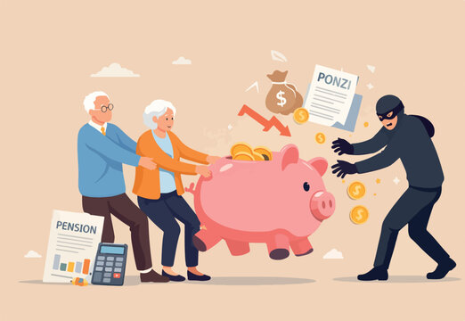 Protect retirement pension money from fraud, ponzi scheme or cost and tax that impact retiree investment fund concept, senior grandparent couple pull back their piggy bank money from thief hand