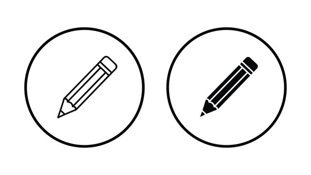 Pencil writing tool icon set with outline and solid style for creative and educational interface