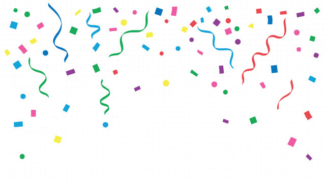 Colorful falling confetti and ribbon streamers vector border background template for birthday party celebration events