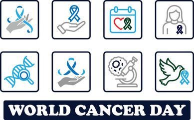 Fototapeta premium World cancer day icon set with medical and awareness symbols, research