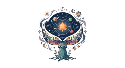 Fototapeta premium Cosmic Mushroom Universe Tree: Planets, Sun, Stars, Celestial, Mystical Nature Art