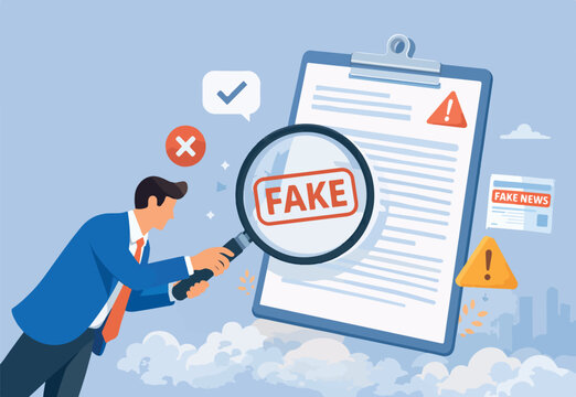 Fake document, wrong information verification or fake news inspection, fraud and illegal reports concept, smart businessman inspector using magnifying glass to verify fake document