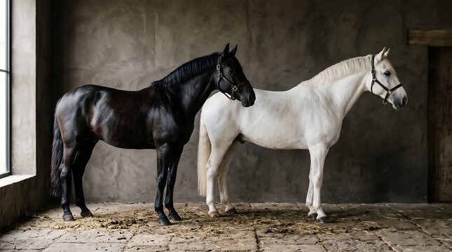 Majestic black and white horses standing side by side in a rustic stable setting