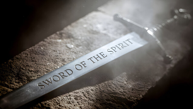 Close up of a medieval steel sword with engraved text resting on a rough stone wall under bright dramatic sunlight with atmospheric dust and bokeh effect, 3d illustration.