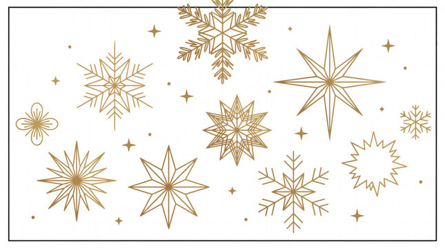 Golden Christmas line snowflakes and starburst elements set for elegant winter holiday greeting card designs