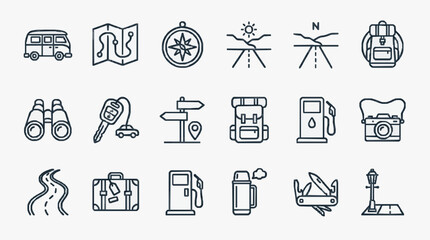 Fototapeta premium Minimalist Travel and Adventure Essentials Icon Set for Road Trips and Exploration with high professional line art symbols for modern creative design and digital branding projects