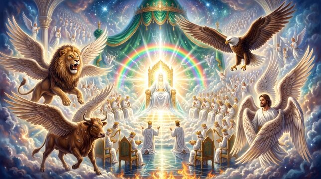 Jesus Christ sitting on a heavenly throne surrounded by angels and four living creatures. Biblical vision of the kingdom of God with cloud and rainbow. Christian spiritual artwork.