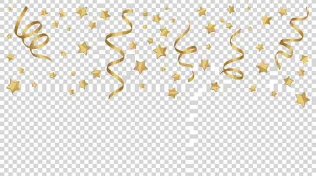 Golden falling star confetti and curly ribbon streamers top border isolated on transparent background template