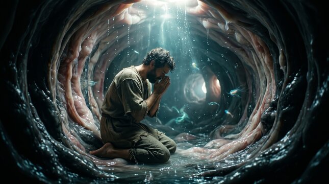 Jonah kneeling in prayer inside whale stomach. Man praying in dark wet cavernous space with light from above. Biblical story of salvation, repentance, faith and divine mercy. Religion.