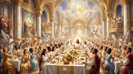 Obraz premium Jesus Christ sitting at banquet table surrounded by people in heaven. Celebration of eternal life, spiritual gathering and community in paradise. Religious illustration of afterlife.