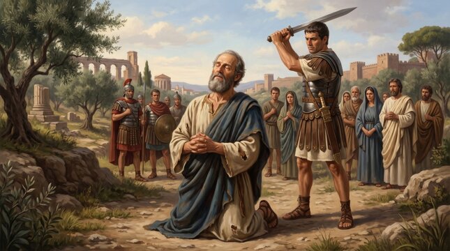 Saint Peter kneeling before a Roman executioner with a sword. Martyrdom of an apostle in ancient Rome. Biblical historical scene depicting faith, sacrifice, and religious devotion.