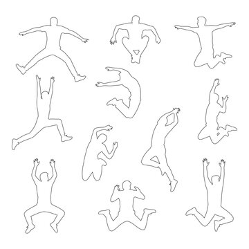 Set of jumping people outlines silhouettes isolated on transparent background vectors set.