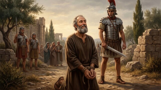 Disciple of Jesus Christ kneeling with bound hands guarded by Roman soldier. Martyrdom of saint. Biblical historical scene depicting faith, sacrifice, suffering and spiritual devotion.