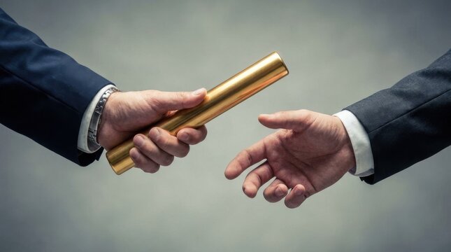 Closeup of a business person passing a golden relay baton to another person