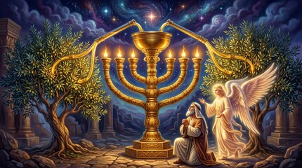 Obraz premium Zechariah praying before the golden menorah with an angel in front of olive trees. Biblical scene depicting vision of temple lampstand. Christian religious worship and divine light.