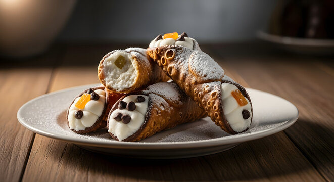 Cannoli pastries filled with sweet ricotta cream are arranged on a white plate.