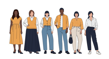 Obraz premium Diverse group of people in stylish casual and professional clothing standing in a row against a plain white background.