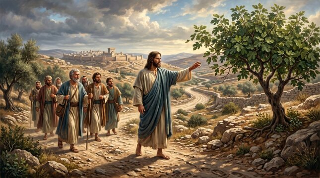 Jesus Christ pointing at fig tree on ancient road with disciples. Biblical scene of faithful men following prophet in Jerusalem landscape. Christian spiritual art and religious parable.