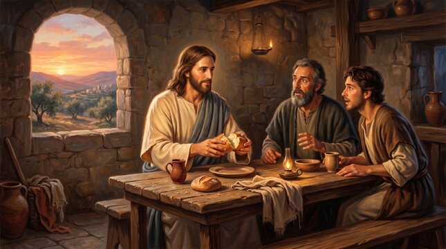 Jesus Christ sharing bread with two disciples at a wooden table in a rustic stone chamber. Biblical scene representing the Last Supper or Emmaus. Spiritual religious art concept.