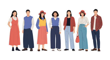 Obraz premium Group of young and adult people dressed in various stylish and colorful autumn or spring casual clothing standing together.