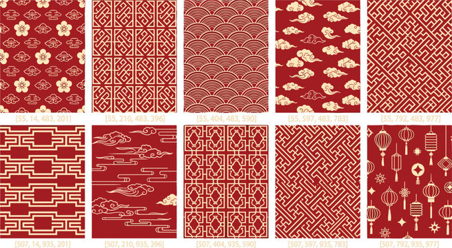Traditional red and gold Chinese seamless patterns collection with oriental clouds lanterns and geometric textures