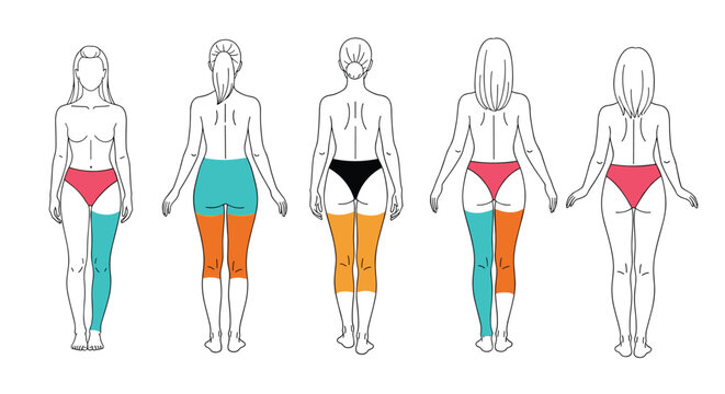 Medical diagram showing various types of nerve pain and sciatica patterns on the back and legs of female body silhouettes.