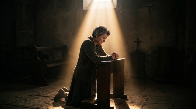 Woman kneeling and praying in dim church. Religious lady worshiping in front of wooden pew under divine light beam. Spiritual devotion in catholic sanctuary. Faith and hope concept.