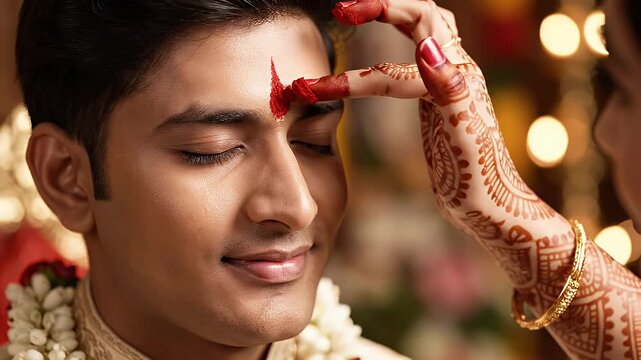 Indian groom receiving traditional red tilak mark during wedding.