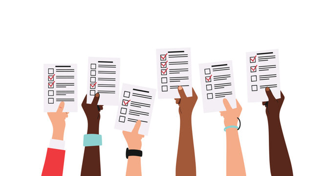 Diverse multiethnic hands holding up several survey papers or voting ballots with check marks to show participation or choice.