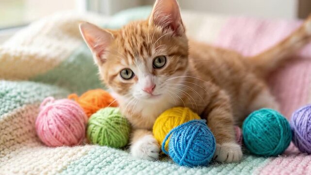 Static closeup tracking shot of ginger kitten playing and biting colorful yarn balls on knitted blanket by window in cozy home with soft morning natural light