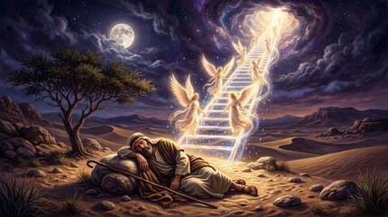 Obraz premium Jacob sleeping in desert dream of angels ascending and descending ladder to heaven. Biblical scene of spiritual vision during nighttime under moonlight. Christian religious art concept.