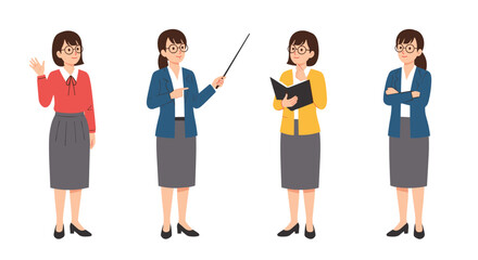 Fototapeta premium Female teacher or professional woman showing different poses and expressions while teaching, thinking, and lecturing.