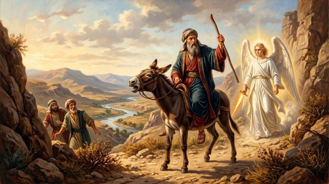 Balaam riding a donkey meeting an angel with a sword on a mountain path. Biblical story from Numbers. Religious painting illustrating divine intervention and faith in God.
