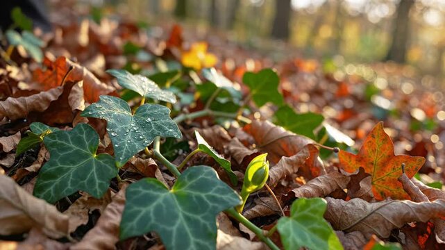 Close view of ivy leaves and a small green sprout among dry autumn leaf litter in a forest, warm sunlight and shallow focus create a calm natural mood