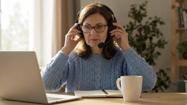 Woman at home office with laptop and headset, online remote work and learning with mug and notebook, focused mature woman at home