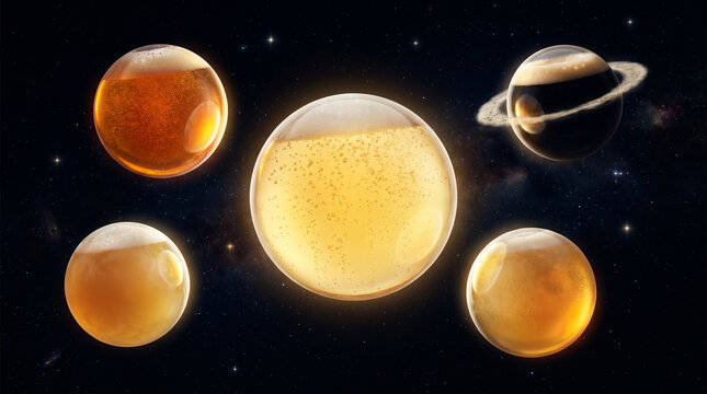Beer planets in outer space International Beer Day fantasy concept
