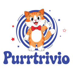 Obraz premium Cat wearing a bowtie stands in front of a blue spiral background with the word Purrtrivio below it.