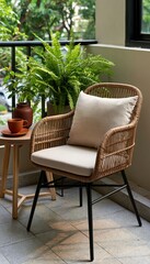 Fototapeta premium Cozy balcony corner with wicker chair and small table overlooking lush greenery